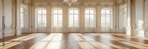 Vintage style banquet hall with a chandelier, large windows, and parquet floor. Generative AI