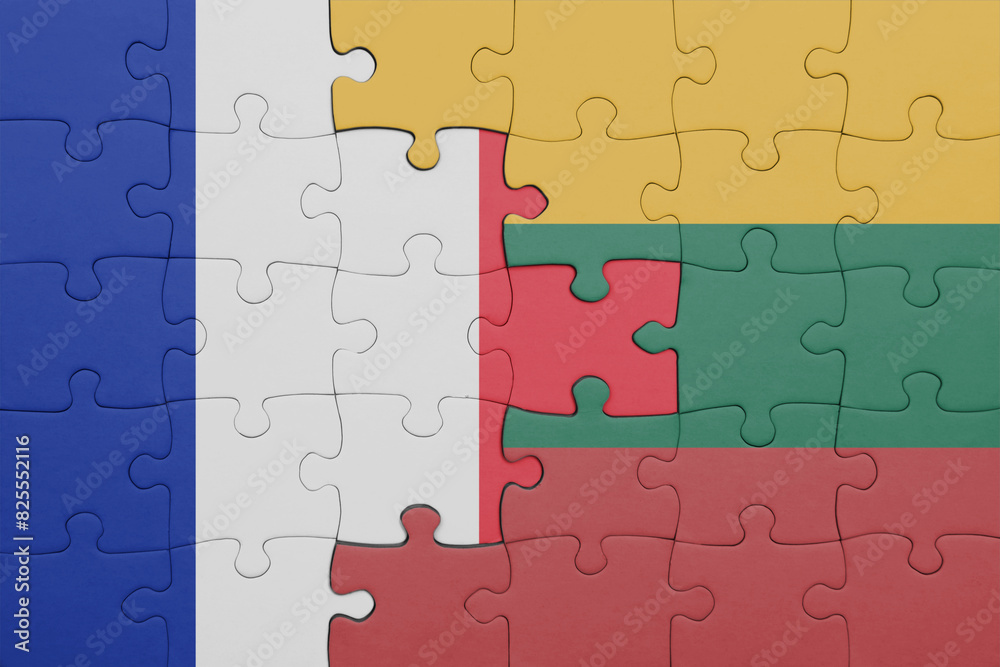 puzzle with the colourful national flag of lithuania and flag of france. puzzle with the colourful national flag of lithuania and flag of france.