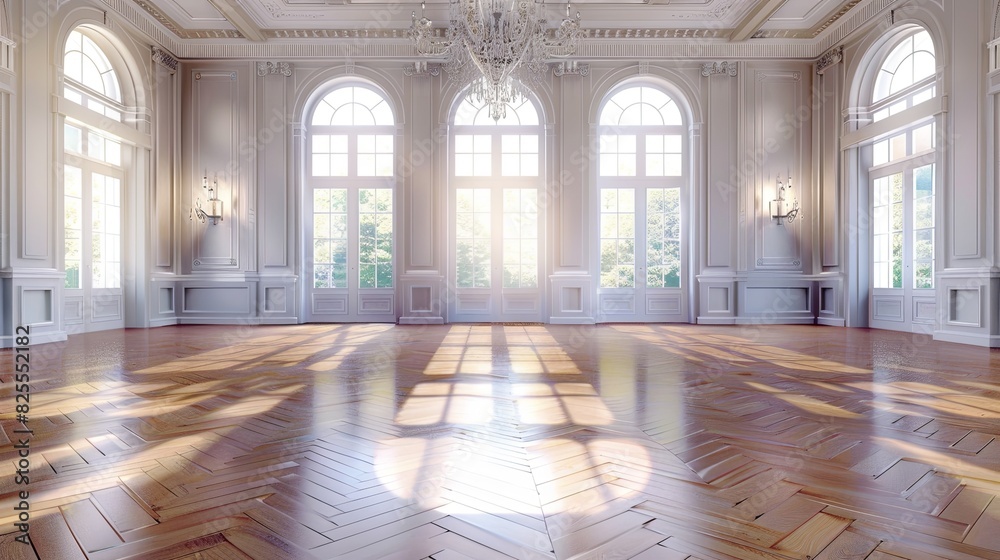 Fototapeta premium A vintage-style banquet hall with a chandelier and large windows, set in a big empty room with a parquet floor. Generative AI