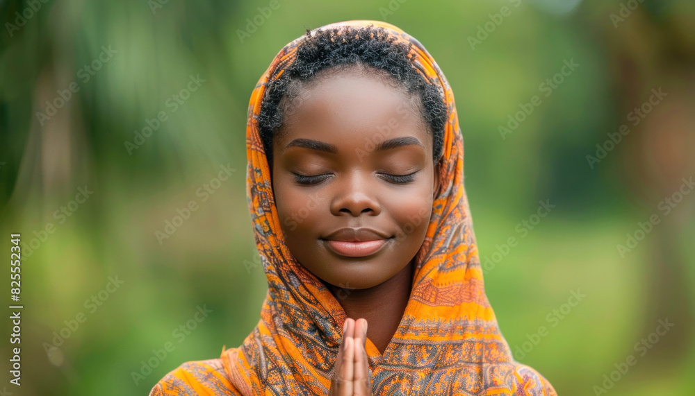 Woman in head scarf peacefully praying with closed eyes, displaying tranquility and spirituality Woman in head scarf peacefully praying with closed eyes, displaying tranquility and spirituality