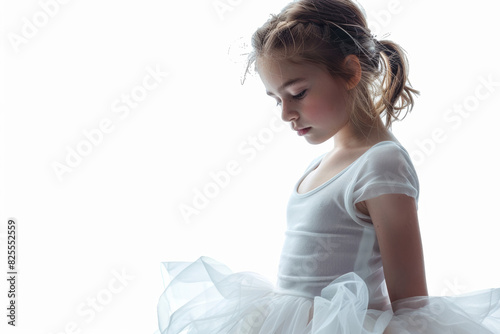 A bashful girl in a tutu skirt, isolated from the backdrop, cropped from the background, with no background. Concept of innocence and grace. Generative Ai. photo