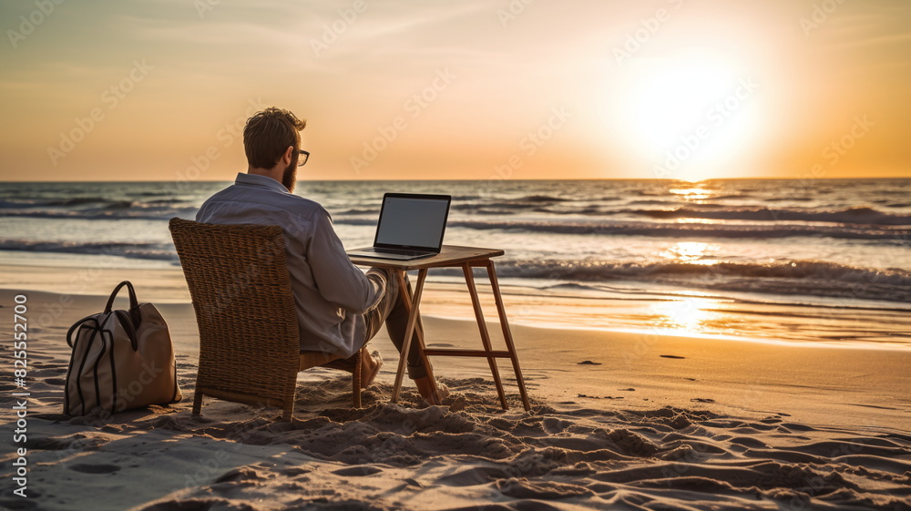 A person sits at a makeshift desk on the beach, working on a laptop as the sun sets on the horizon, with waves gently breaking in the background - Generative AI