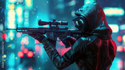 Portrait cyberpunk girl holding gun in futuristic glowing city at night. AI generated image