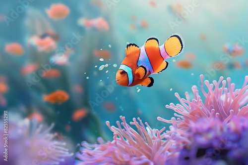 Vivid clownfish explores the vibrant coral underwater ecosystem
