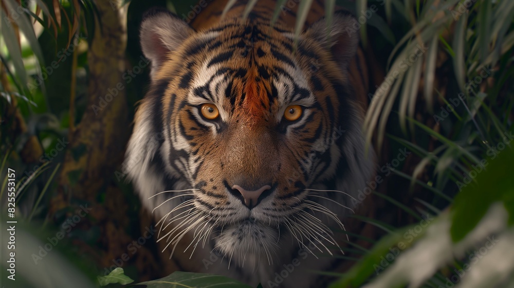 A close-up shot of a majestic tiger emerging from the dense foliage of a tropical jungle, its amber eyes piercing through the camera lens with a captivating intensity. 