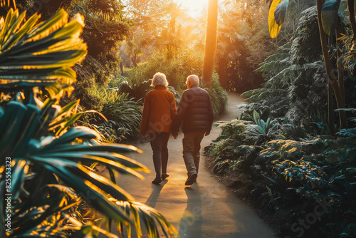 Happy elderly couple enjoying leisurely walk in botanical garden at sunrise, cherishing love and companionship. photo