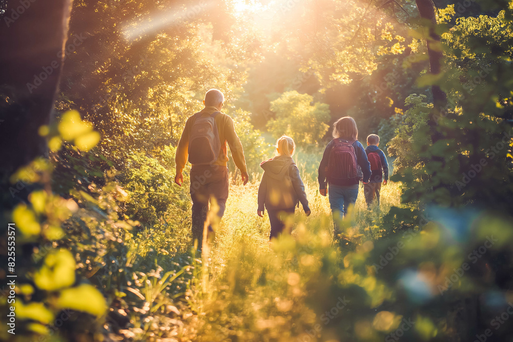 Happy parents and children hiking together in nature reserve, sunlight ...
