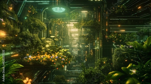 A cybernetic garden of Eden, where biomechanical flora and fauna flourish amidst a network of pulsating circuits and glowing data streams. 32k, full ultra hd, high resolution