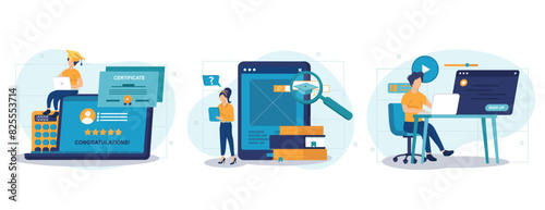 Distance education isolated cartoon vector collection of scenes. Choosing online course, signing up for a distance learning, get a digital diploma, online degree certificate, enrollment vector cartoon