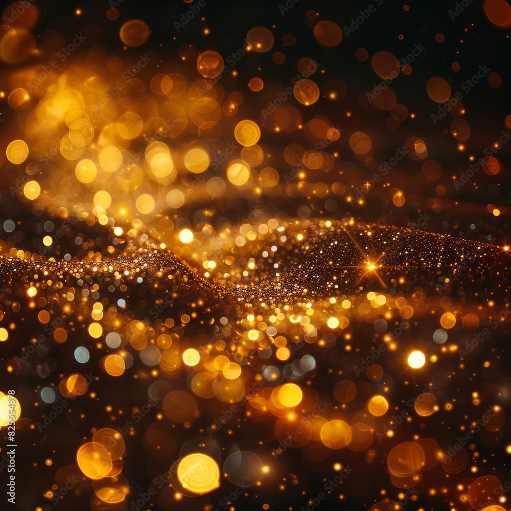 Beautiful golden bokeh background with shimmering lights and abstract glowing particles for festive and celebratory themes.