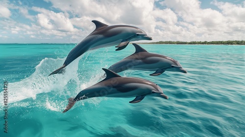 A family of playful dolphins gracefully leaping out of the shimmering waters of a turquoise lagoon, captured mid-air in a stunning display of aquatic acrobatics. 32k, full ultra hd, high resolution