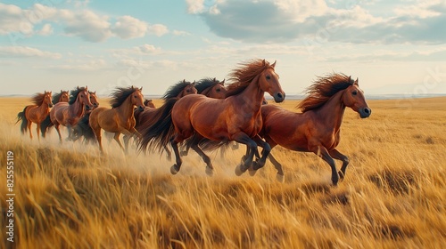 A group of majestic wild horses galloping across the vast expanse of a windswept prairie, their mane flowing in the wind as they move in perfect unison, a symbol of freedom and untamed spirit.  photo