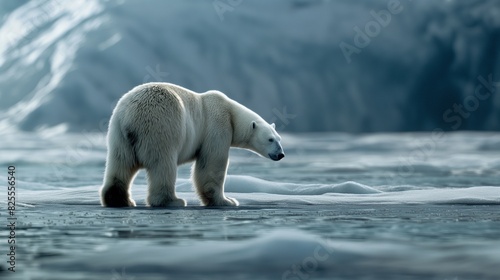 A lone polar bear standing on a vast expanse of ice, its white coat blending seamlessly with the snowy landscape. 32k, full ultra HD, high resolution