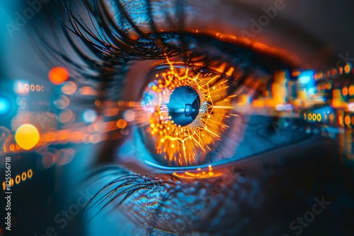Blue and orange eye with digital overlays symbolizing the convergence of technology and visual health photo