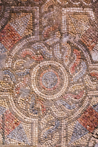 Intricate roman mosaic floor from ancient Prusa in Bursa, detailed geometric pattern, historical art and culture