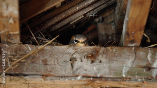 Chick peeks out from swallow s nest beneath a wooden roof photo