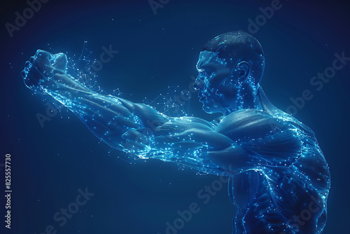 Human power low poly wireframe banner template. Polygonal physical strength, strong bodybuilder, athlete body mesh art illustration. 3D male hand muscles, flexed biceps with connected dots photo