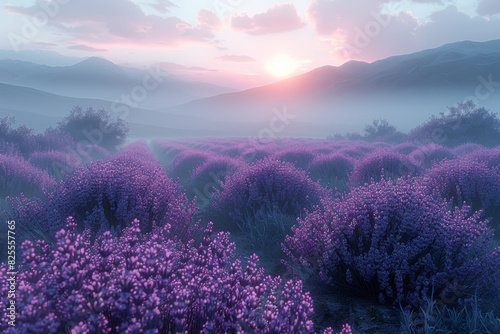 Subtle lavender fields fading into a misty horizon. Concept of tranquility and beauty. Generative Ai.