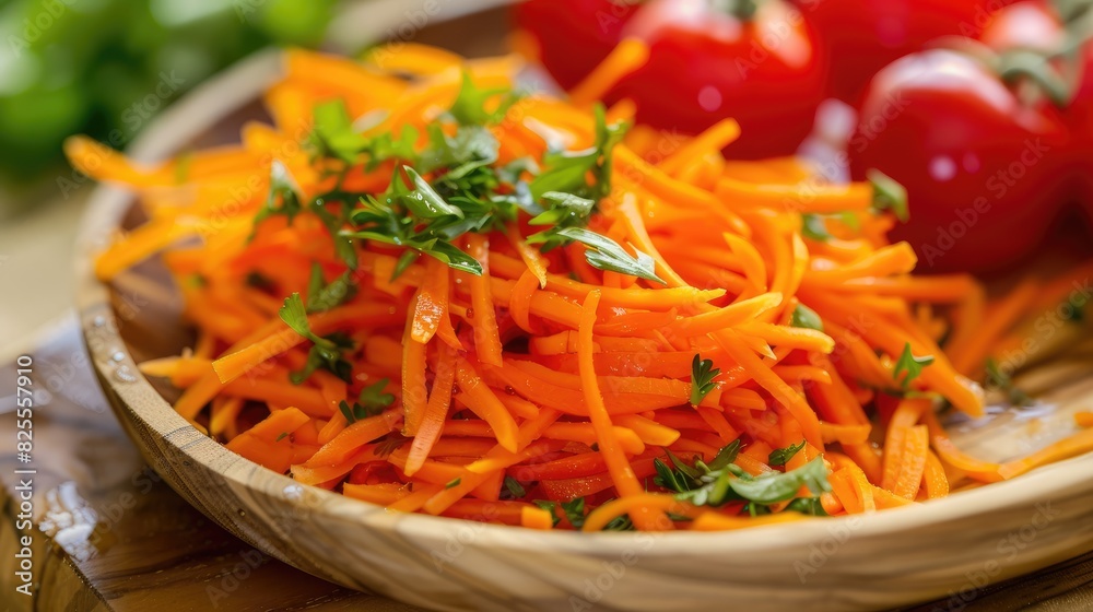 Close up of shredded carrots and tomatoes arranged on a wooden plate Close up of shredded carrots and tomatoes arranged on a wooden plate