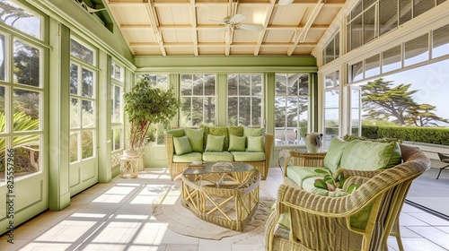 Sun room in luxury home with green wicker furniture . Generative Ai