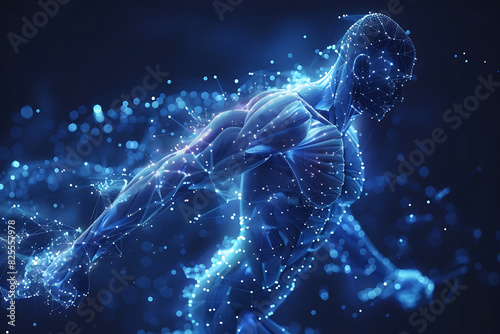 A detailed wireframe illustration of body parts with muscles, connected by dots on a dark blue background, symbolizing physical power and athleticism in a modern digital style © Evhen Pylypchuk