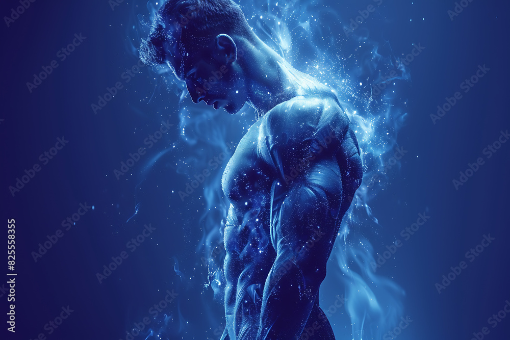 Naklejka premium A detailed wireframe illustration of body parts with muscles, connected by dots on a dark blue background, symbolizing physical power and athleticism in a modern digital style