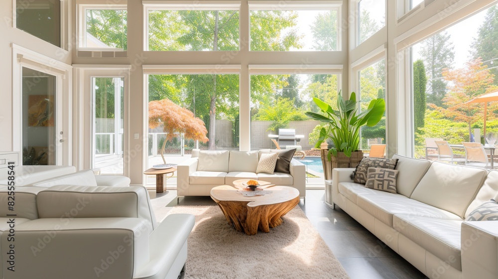 Sunroom in a modern bungalow with a white leather sofa . Generative Ai