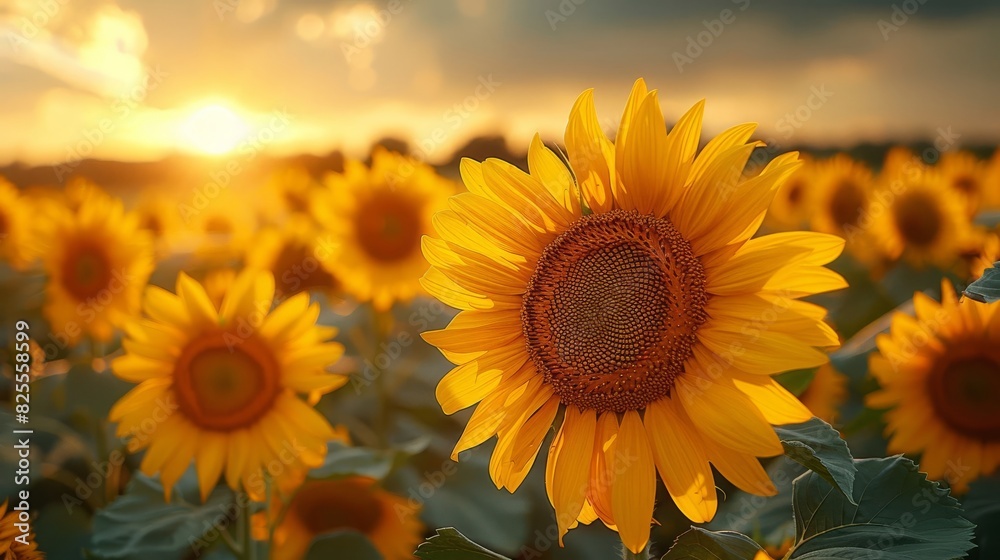 Sunflowers basking in the golden light of sunset, field of vibrant blooms glowing warmly under a clear sky. Nature's beauty captured flawlessly.