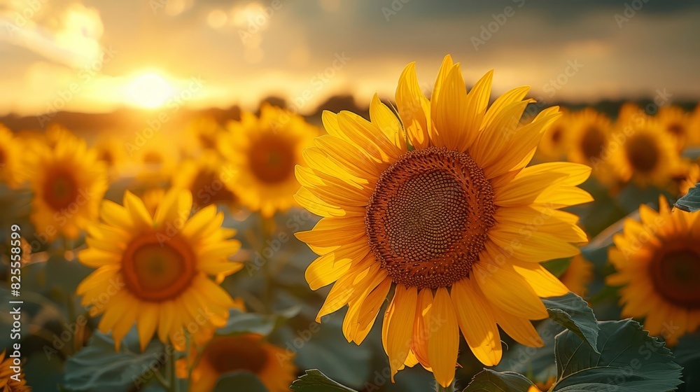 Sunflowers basking in the golden light of sunset, field of vibrant blooms glowing warmly under a clear sky. Nature's beauty captured flawlessly. Sunflowers basking in the golden light of sunset, field of vibrant blooms glowing warmly under a clear sky. Nature's beauty captured flawlessly.