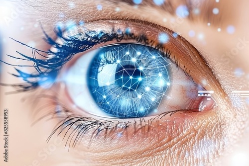 High tech blue eye with digital overlays symbolizing the integration of technology and vision health