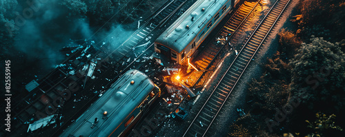 Aerial view of twilight train derailment scene photo