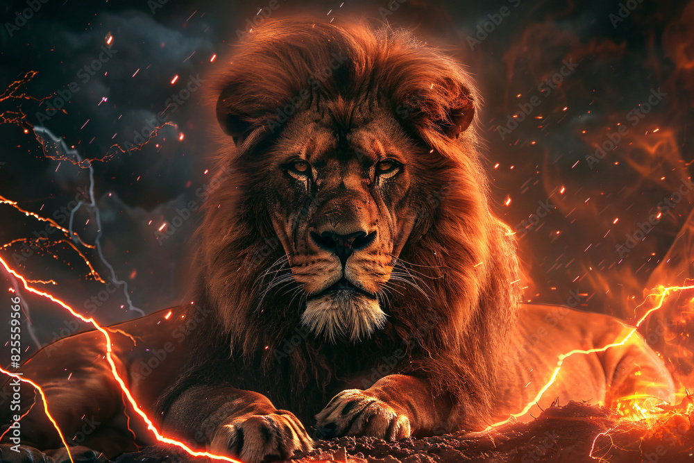 A lion with a fiery mane is depicted in a painting with a stormy sky in the background. The lion's eyes are closed, and it is in a state of deep contemplation. The painting conveys a sense of power