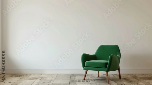 Fototapeta Naklejka Na Ścianę i Meble -  Green Armchair in Minimalist Living Room with White Wall - 3D Rendering