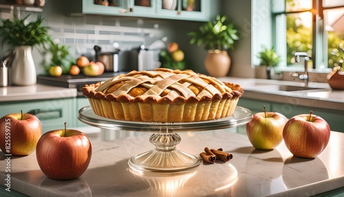 Apple Pie on a glass display stand on a modern kitchen counter