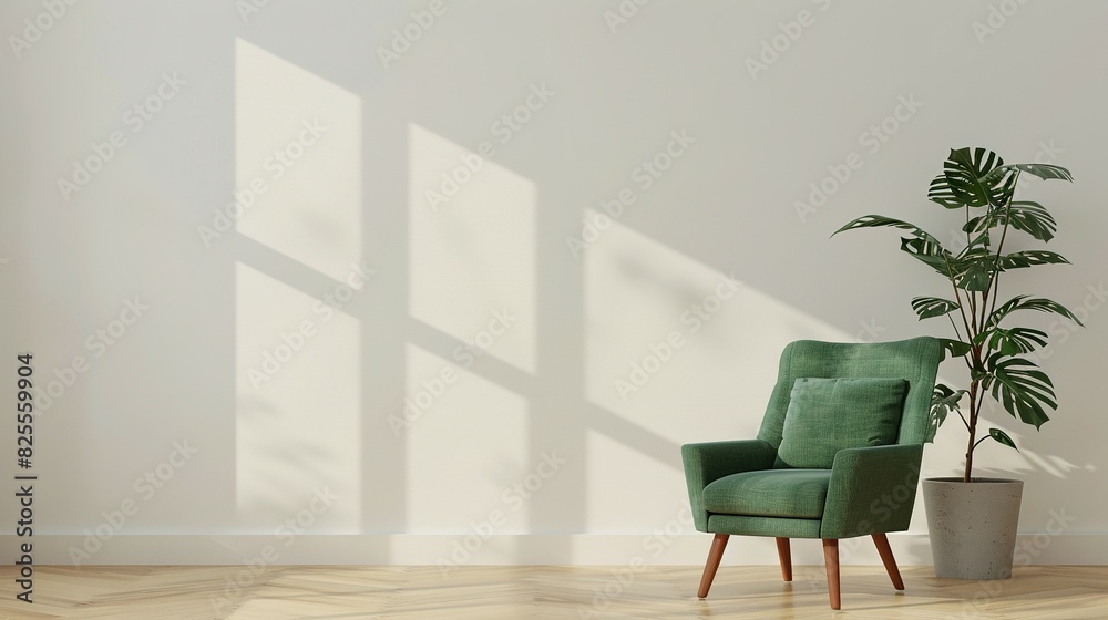 Minimalist Living Room Design: Green Armchair and Empty White Wall - 3D Render Minimalist Living Room Design: Green Armchair and Empty White Wall - 3D Render