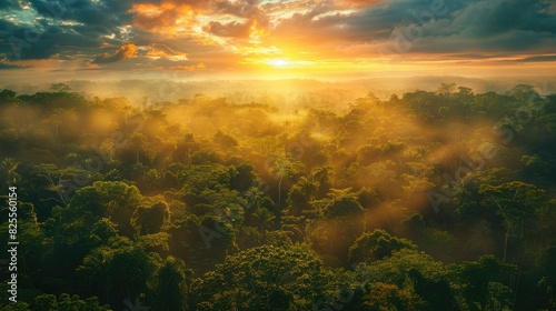 Beautiful green amazon forest landscape at sunset sunrise