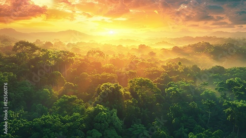 Beautiful green amazon forest landscape at sunset sunrise © Imron