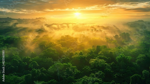 Beautiful green amazon forest landscape at sunset sunrise photo