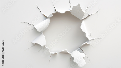 Cracked white surface with a large, irregular hole, revealing a contrasting layer beneath, symbolizing breaking through barriers.