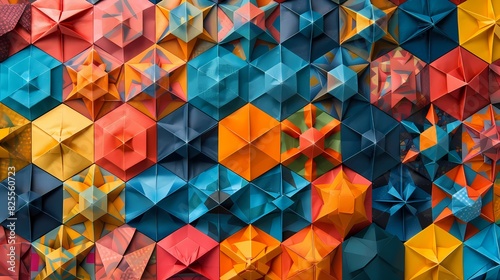 Intricate origami patterns inspired by traditional textiles  featuring geometric motifs and vibrant color combinations