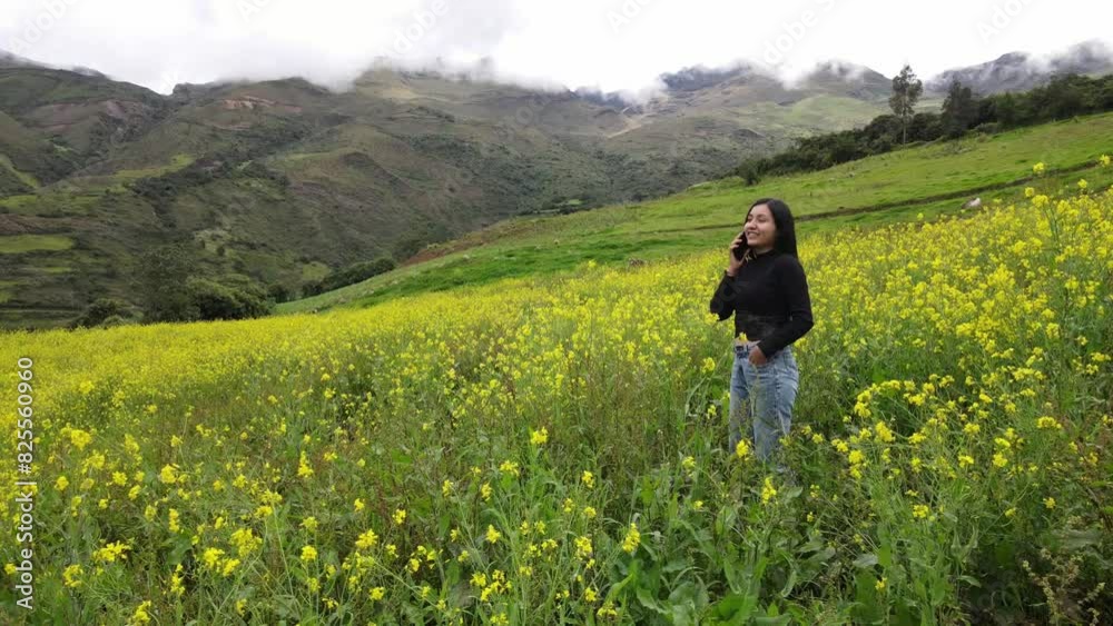 video de una hermosa chica turista mirando el móvil en el hermoso paisaje, revisando teléfono inteligente en aire libre,una chica usando el móvil en medio de un camino rodeado de flores y montaña video de una hermosa chica turista mirando el móvil en el hermoso paisaje, revisando teléfono inteligente en aire libre,una chica usando el móvil en medio de un camino rodeado de flores y montaña