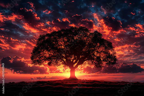 Black and white silhouette of a tree against a backdrop of a colorful sunset sky. Concept of nature's beauty and serenity. Generative Ai.
