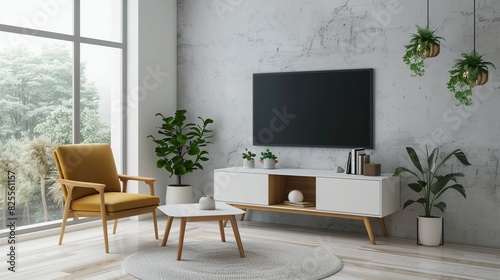 TV cabinet in a scandinavian decor living room . Generative Ai