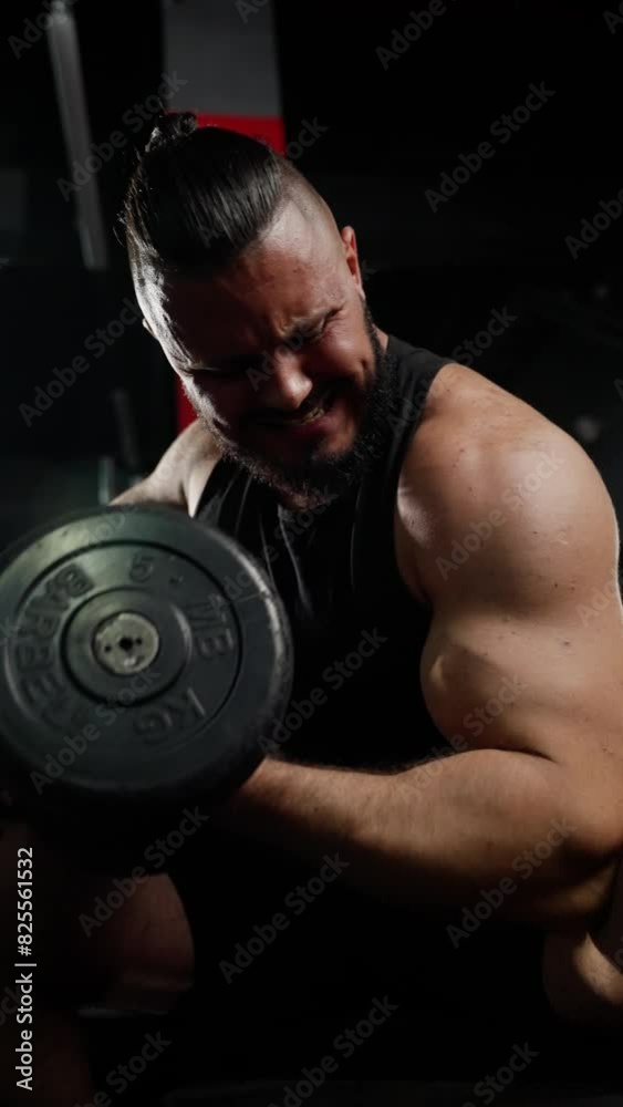 Muscular man with a beard and shaved head, wearing a black tank top and shorts, performing bicep curls with a dumbbell, grimacing with effort in a gym Muscular man with a beard and shaved head, wearing a black tank top and shorts, performing bicep curls with a dumbbell, grimacing with effort in a gym