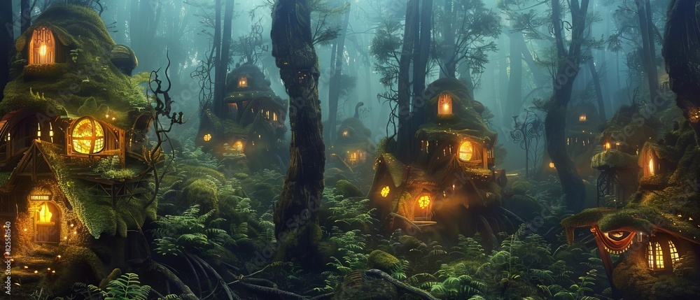 Fototapeta premium A mystical forest with a hidden fairy village, tiny houses made of natural materials, glowing softly among the roots and ferns