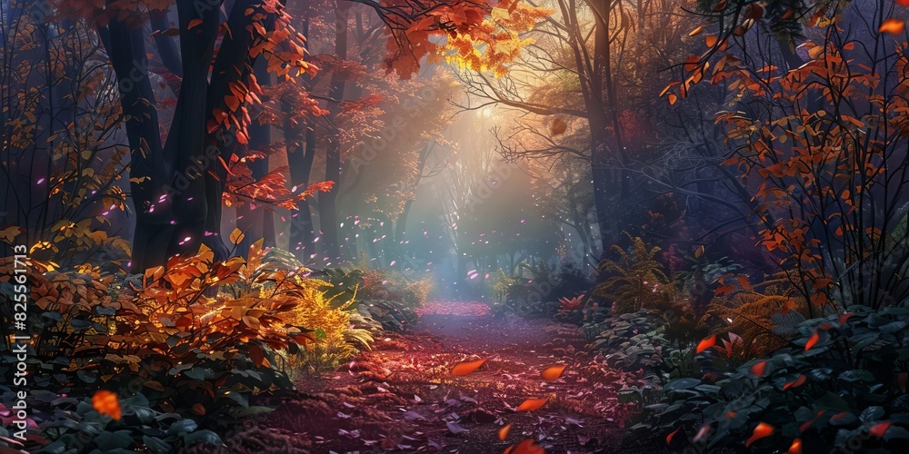 A pathway covered in autumn leaves, leading through the dense forest and creating a vibrant, magical scene