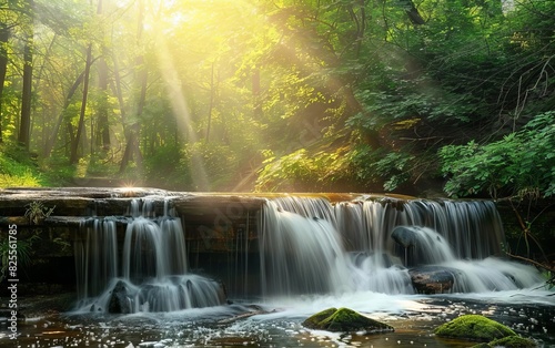 A small waterfall cascading over rocks, surrounded by dense forest and creating a tranquil, magical scene