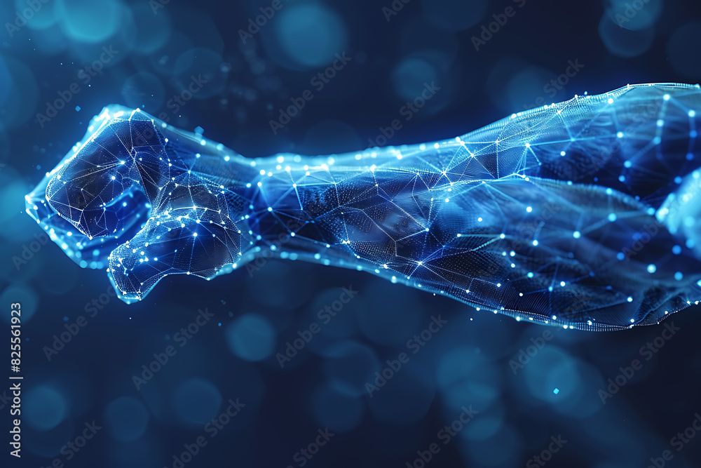 A low poly wireframe illustration of human power featuring a 3D male hand with flexed triceps, connected by dots, representing physical strength and athleticism A low poly wireframe illustration of human power featuring a 3D male hand with flexed triceps, connected by dots, representing physical strength and athleticism