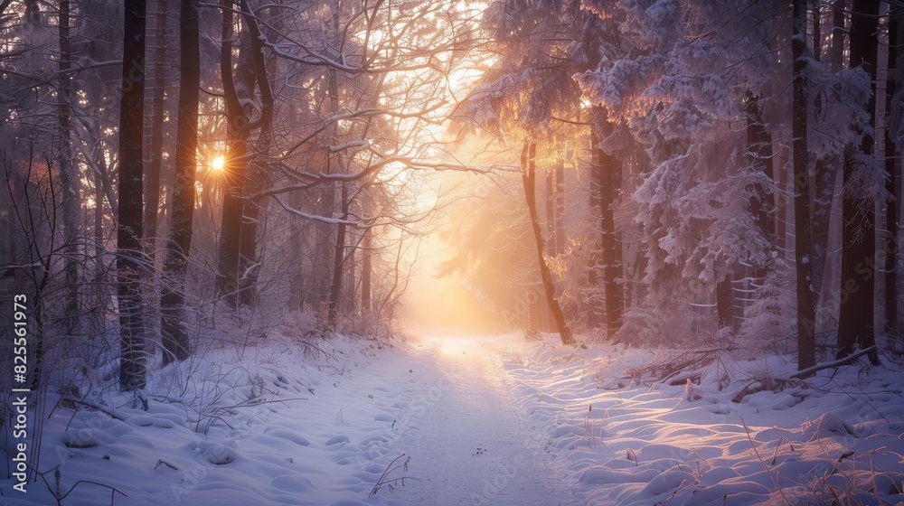 A winter forest path, blanketed in snow and illuminated by the soft light of dawn, creating a serene and enchanting scene A winter forest path, blanketed in snow and illuminated by the soft light of dawn, creating a serene and enchanting scene