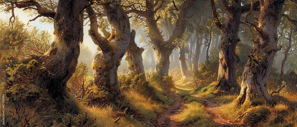 An ancient forest path, winding through tall, ancient trees and bathed in the soft, golden light of late afternoon